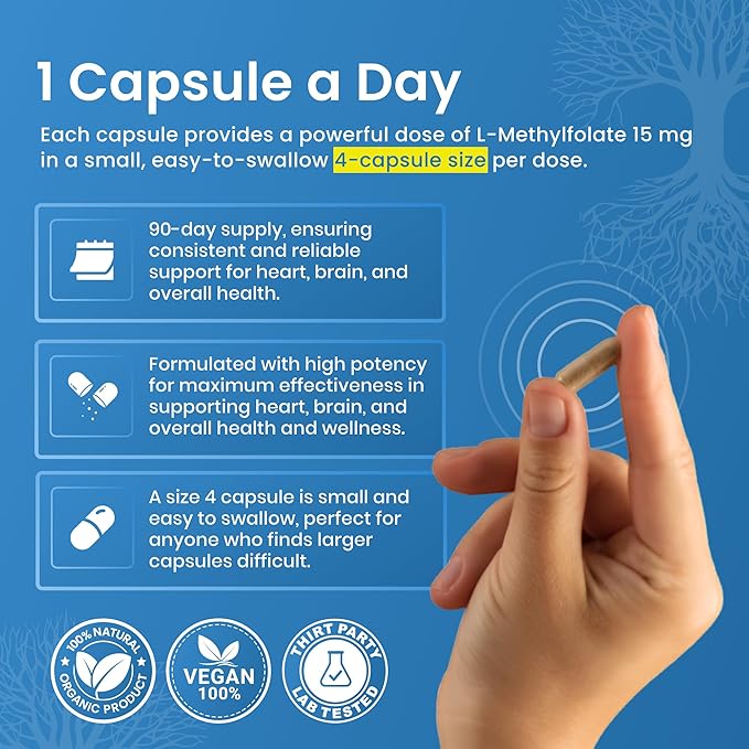 L Methylfolate 15mg | 90 Capsules | Optimized &amp Highly Bioactive Methyl Folate Supplement | 5-MTHF Supports for Energy Focus &amp Mood | Non-GMO Gluten Free Vegan | 3 Month Supply