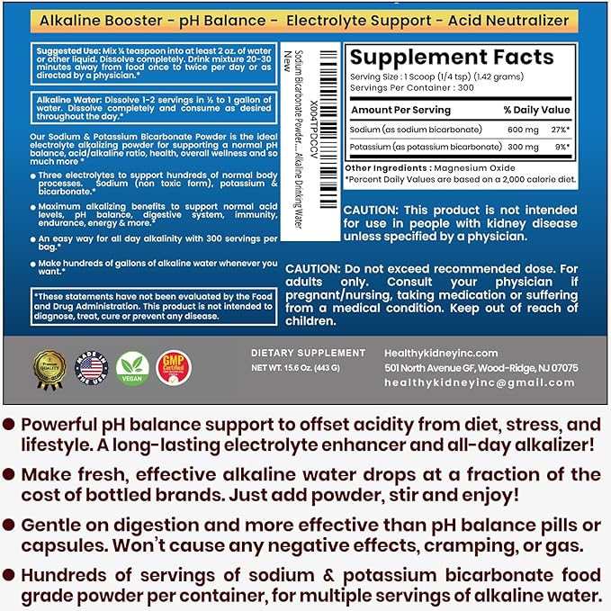 Sodium Bicarbonate Powder &amp Potassium Bicarbonate Powder pH Balance Supplement. Make Gallons of Alkaline Water Drops for Acid/Alkaline pH Balance Stomach Immune Performance. Alkaline Drinking Wat
