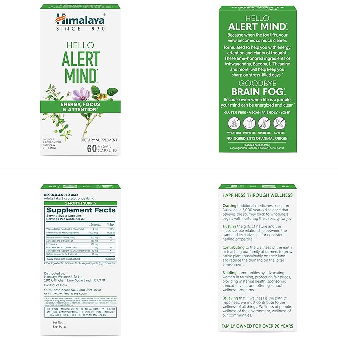 Himalaya Hello Alert Mind with L-Theanine Ashwagandha Bacopa Vitamin B6 &amp B12 for Energy Focus &amp Attention Vegan Gluten Free 60 Capsules