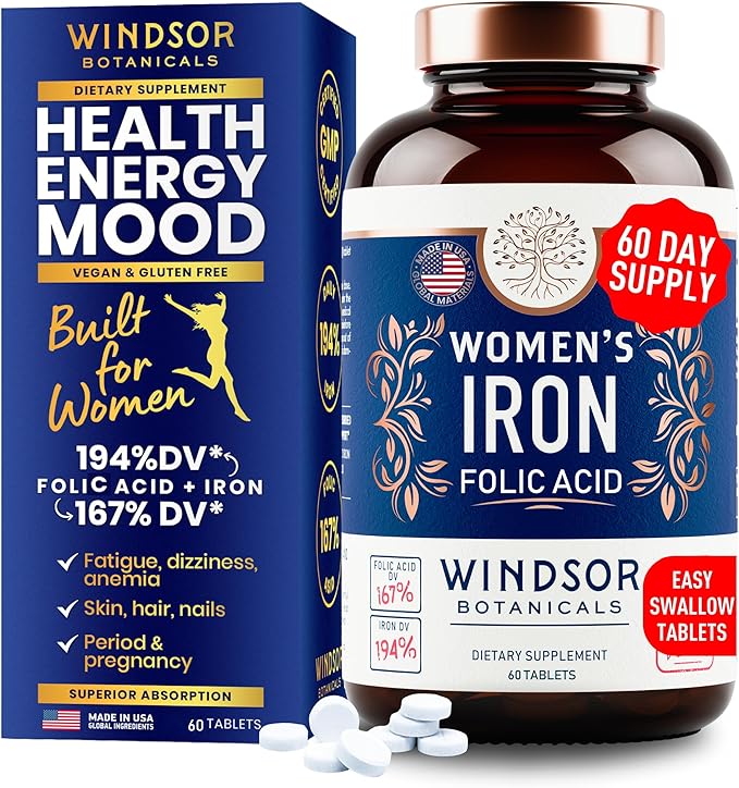 Iron and Folic Acid Supplements for Women - 35mg Gentle Iron Vitamin Folic Acid 400mcg - Anemia Period Pregnancy Support Supplement Ferrous Sulfate Pills - 120 Vegan Non-Constipating Tablets