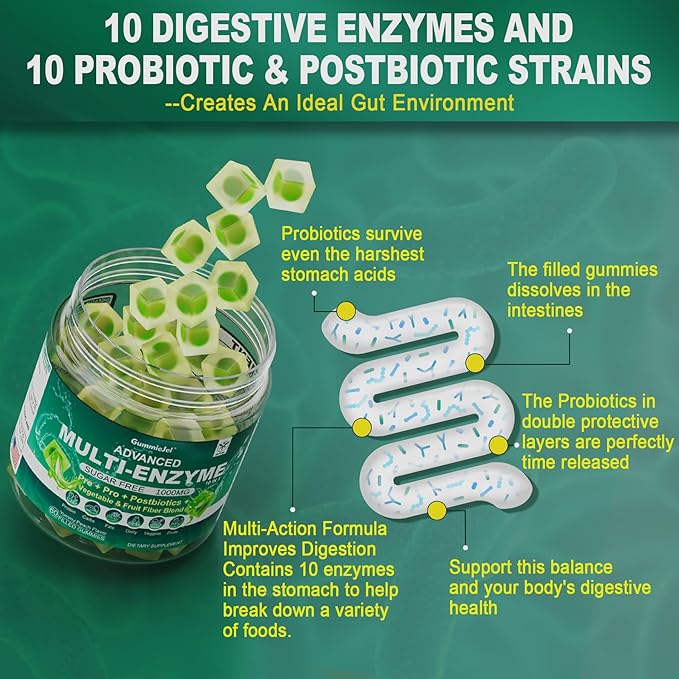 Digestive Enzymes Gummies 1000mg Chewable - Break Down Food Quickly 90 Billion CFU Probiotic Postbiotic Prebiotic &amp Fiber Blend &amp Vitamin ADK Gummies + Calcium Magnesium Zinc Supplement