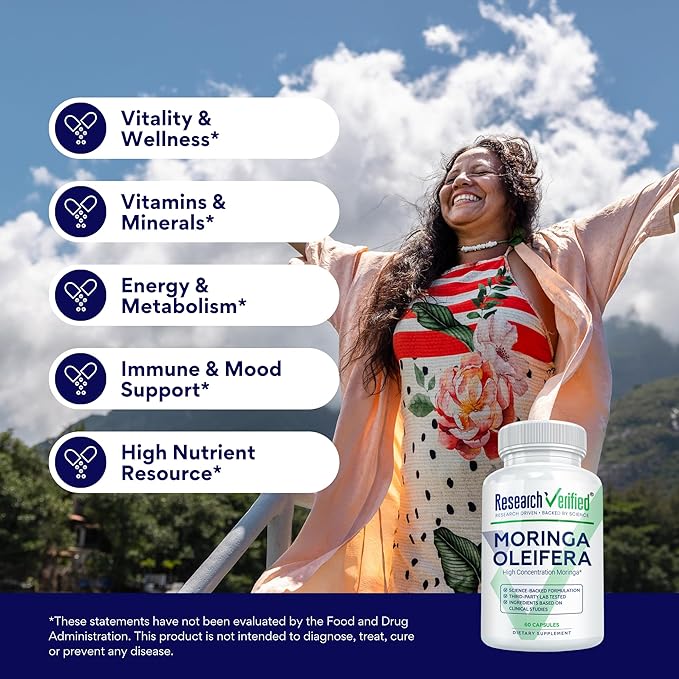Research Verified Moringa Oleifera - 100% Pure Extract- 1200 mg Per Serving - 60 Count - 3 Month Supply