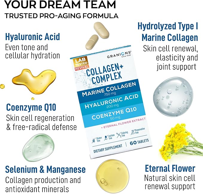 Marine Collagen Pills Complex – 200mg Hyaluronic Acid Supplement Coenzyme Q10 CoQ10 Hydrolyzed Marine Collagen Peptides Eternal Flower Hydration Age Defense Supplements - 60 Sealed Tablets