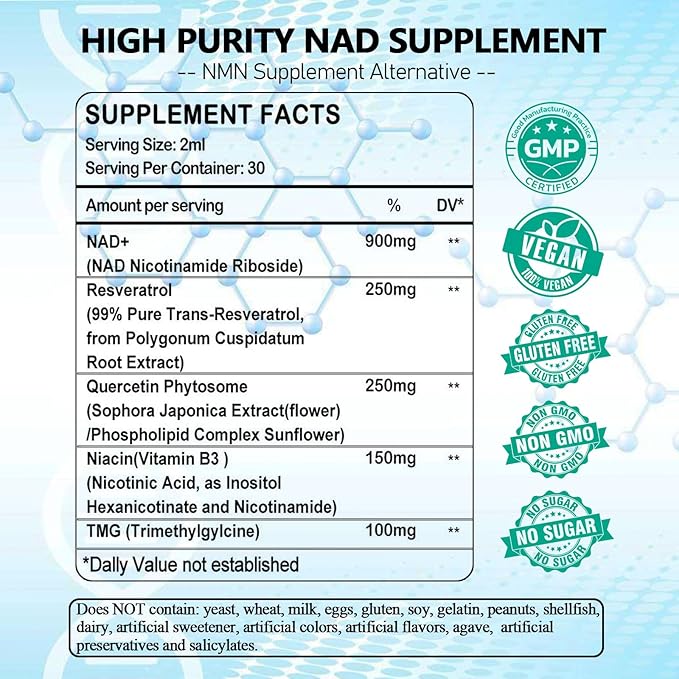 NAD Supplement Liposomal NAD Nicotinamide Riboside Resveratrol 900mg Quercetion TMG Vitamin B3 High Potency NAD Plus Liquid Supplement for Cell Regenerator Longevity Energy Anti-Aging Focus