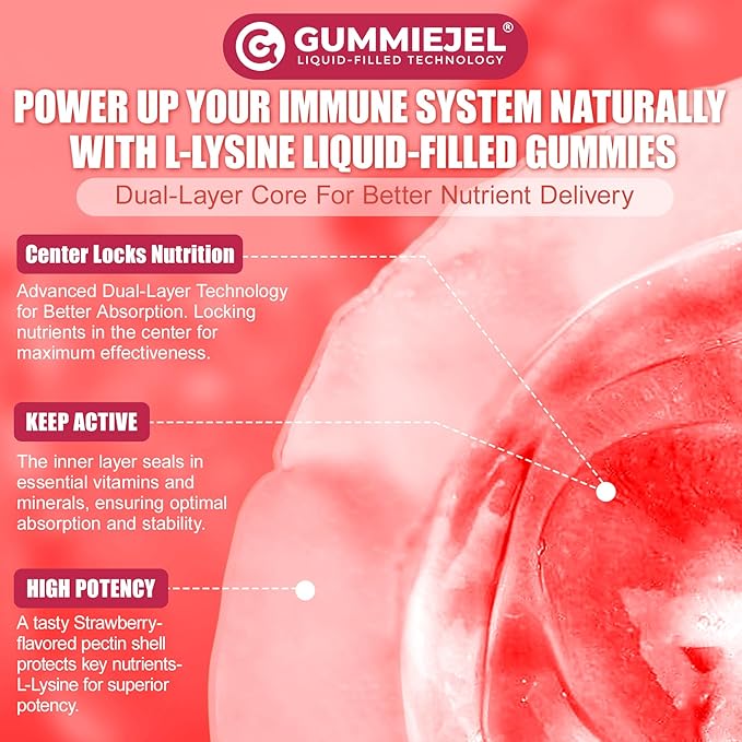 Liposomal L-Lysine Gummies 1200mg | High Absorption Immune &amp Skin Support | Vegan Amino Acid Supplement for Adults &amp Kids | Lips &amp Oral Bone &amp Collagen Health | Non-GMO Sugar-Free 6