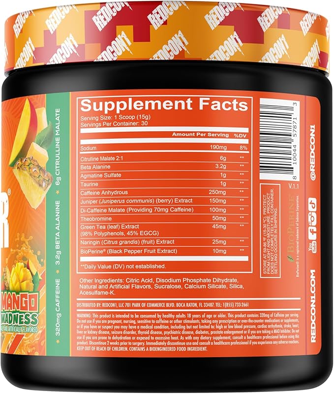REDCON1 Total War Pre Workout Mango Madness - Fast Acting Caffeinated Preworkout for Men + Women with Beta Alanine - Contains Citrulline Malate for Increased Pump Blood Flow (30 Servings)