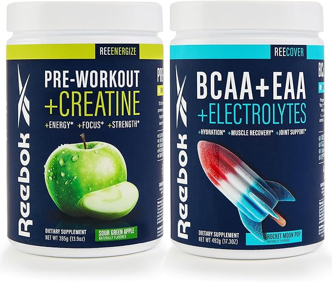 Reebok REEenergize &amp REEcover Bundle | Pre-Workout + BCAA Performance Pack | Sour Green Apple &amp Rocket Moon Pop | Complete Training System