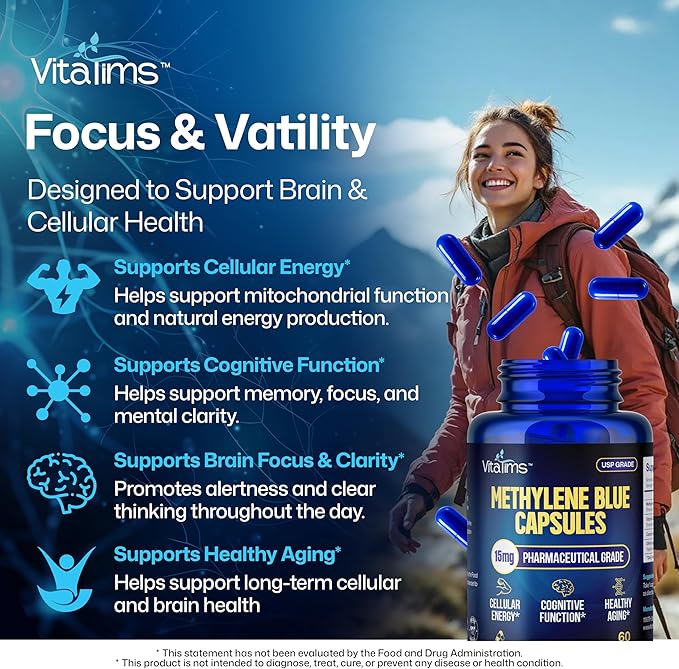 Methylene Blue Capsules – 15 mg with Vitamin C Ester - USP-Grade 99% Pure Formaldehyde-Free Formula – 60 Vegan Capsules for Focus Energy &amp Everyday Well-Being