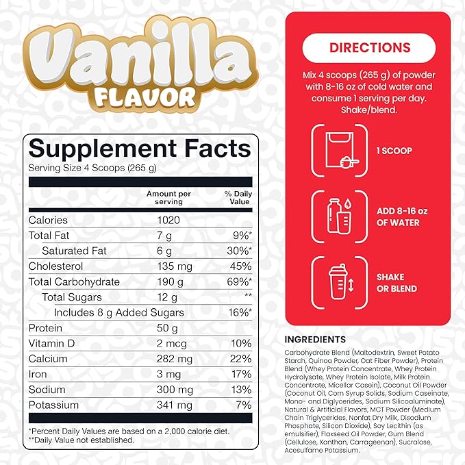 Mass Gainer Protein Powder Supports Muscle Growth &amp Recovery 50g Protein 190g Carbs 1030 Calories Gluten-Free RBST-Free No Artificial Colors