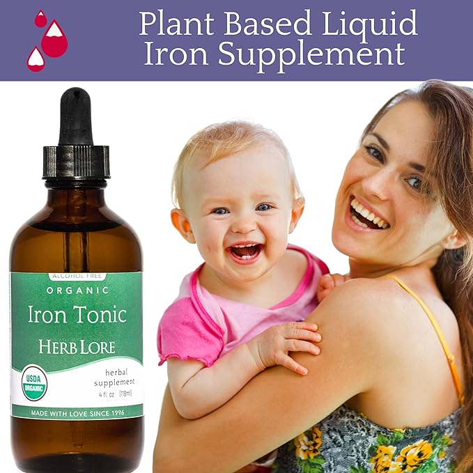 Herb Lore Iron Tonic - Organic Liquid Iron Drops Supplement for Kids &amp Women - Baby Infant &amp Toddler Friendly - Plant Based Vegan Gentle Non Constipating Herbal Tincture (4 fl oz)