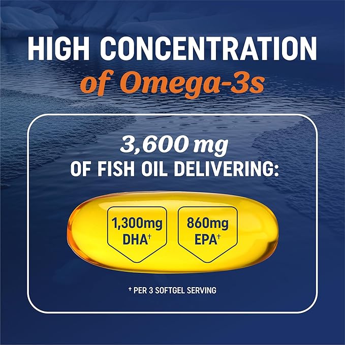 Triple Strength DHA Omega 3 Fish Oil 3600 mg | Over 2100mg Omega-3 Fatty Acids with 860mg of DHA | 1300mg EPA | Best Essential Fatty Acids | Premium Wild Caught &amp Burpless Fish Oil | 120 ct.
