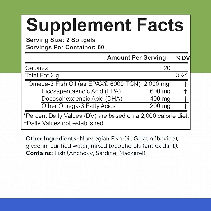 EPAX® Norwegian Omega-3 Fish Oil - 1000mg EPA &amp DHA rTG Form for Superior Absorption IFOS Certified No Fishy Burps Third-Party Tested Heart Brain &amp Joint Support - 120 Softgels