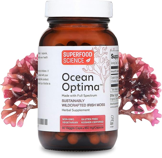 Ocean Optima Organic Sea Moss Capsules (Chondrus crispus) for Skin Nail Hair and Gut Naturally Occurring Kosher Iodine for Thyroid Support Single-Ingredient Wild Irish Seamoss Vegan 90 Servings