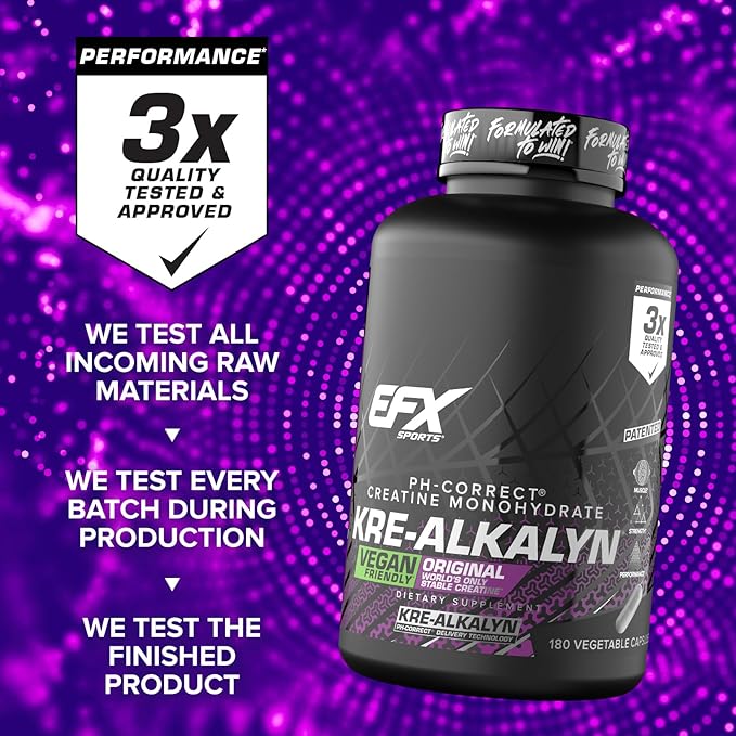 EFX Sports Kre-Alkalyn EFX | pH Correct Creatine Monohydrate Pill Supplement | Vegan Friendly | Strength &amp Muscle Growth | 90 Servings 180 Veggie Capsules