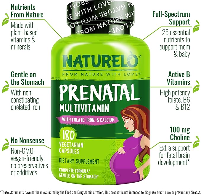 NATURELO Prenatal Multivitamin with Gentle Chelated Iron Methyl Folate Plant Calcium &amp Choline - Vegan Vegetarian - Non-GMO - Gluten Free - 180 Capsules - 2 Month Supply
