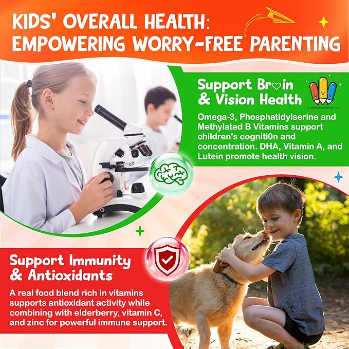 Kids Multivitamin Gummies - Vitamins A D3 K2 Methylated B-Complex with Omega-3 Iron for Immune &amp Development Support - Organic Mixed-Berry Flavor Multivitamins for Kids Daily - Sugar Free &amp
