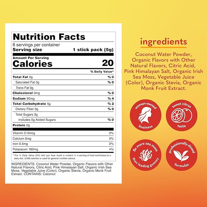 Organic Irish Sea Moss Powder - 200mg Packets - Citrus Blossom Flavored Seamoss Drink with Electrolyte-Rich Coconut Water for Natural Hydration Muscle Recovery - 8 Stick Packs