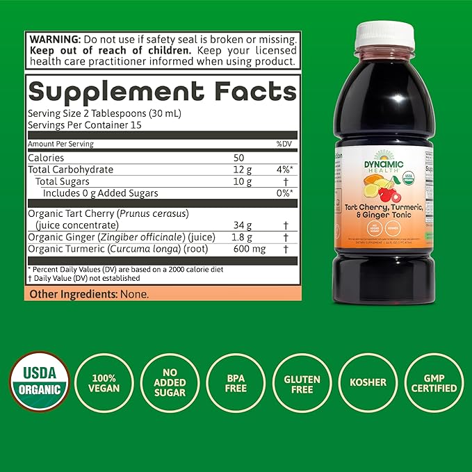 Dynamic Health Tart Cherry Juice Tonic with Turmeric &amp Ginger | Vegetarian and Kosher | Key Compounds | 16 Fl Oz