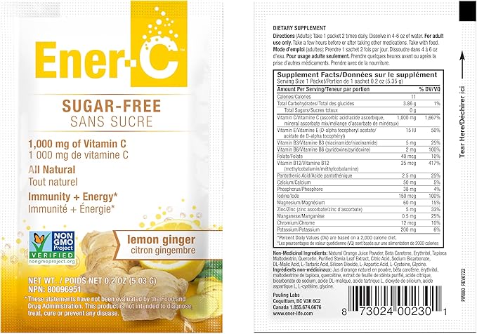 Ener-C Sugar Free Multivitamin Drink Mix - Vitamin Powder for Water Electrolytes Powder No Sugar Hydration Boost Packets Zero Sugar Vitamin C &amp B12 Supplement Liquid Mix - Lemon Ginger 60 Cou