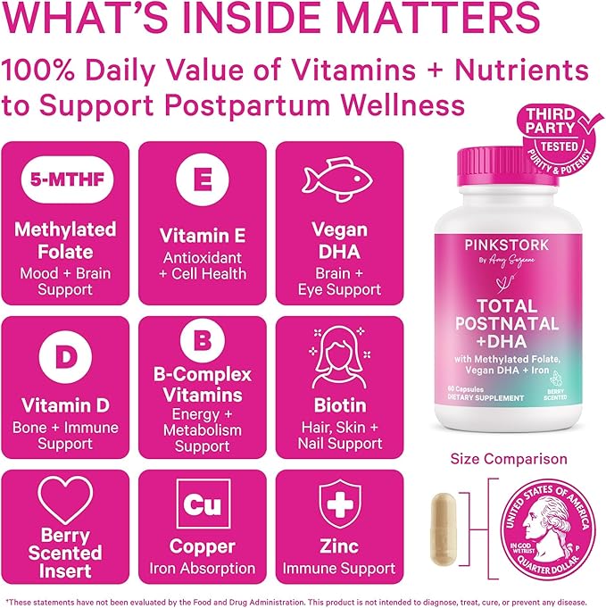 Pink Stork Total Postnatal Vitamins for Women | Vegan DHA Iron Folate B12 | Postpartum Recovery Essentials | Lactation Support for Breastfeeding Moms | Third-Party Tested - 60 Capsules Berry