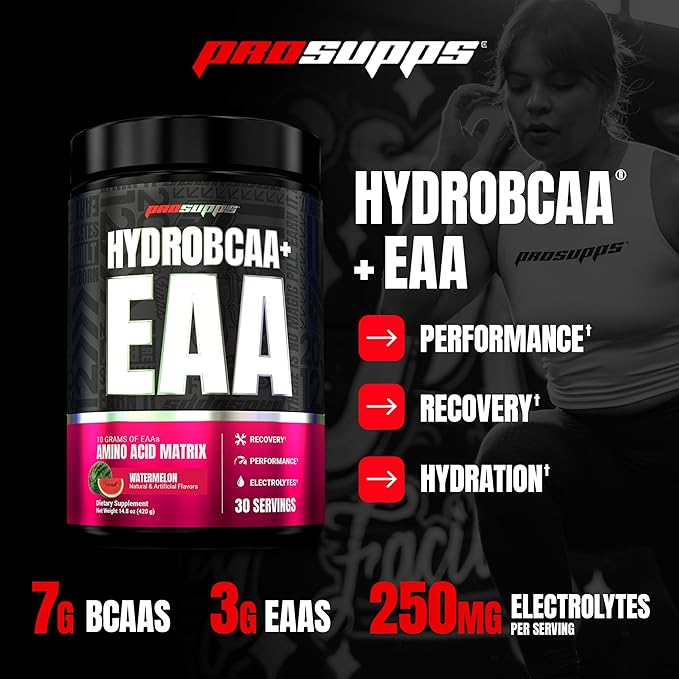 ProSupps HydroBCAA Essential Amino Acids Powder Watermelon - Workout Supplement with BCAA EAAs &amp Electrolytes for Hydration &amp Recovery - Stimulant-Free Soy &amp Gluten-Free - 30 Servings