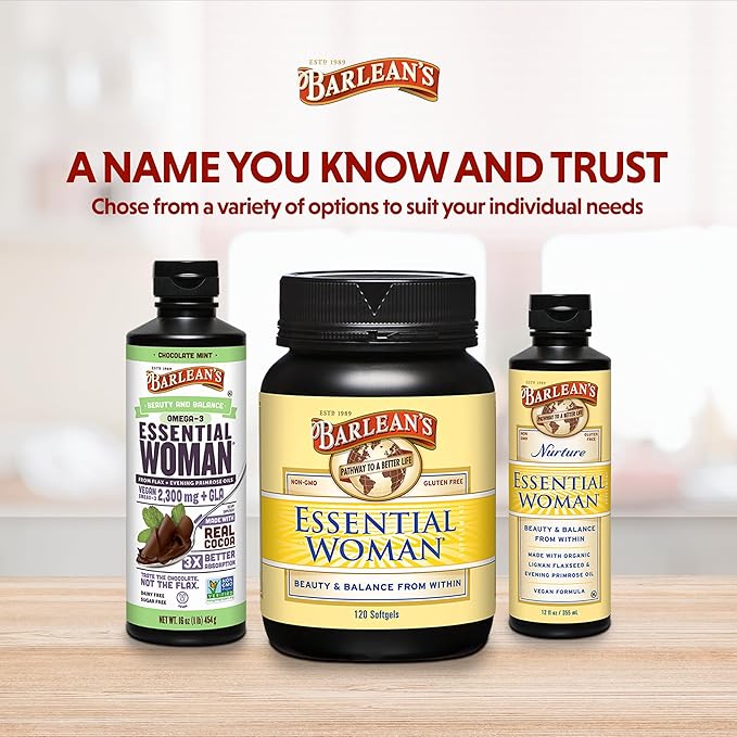 Barlean's Essential Woman Liquid Supplement for Women Organic Flaxseed and Evening Primrose Oil for Healthy Hair Nails and Skin Omega 3 6 9 and GLA 12 oz