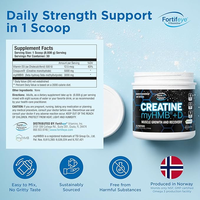 Creatine Monohydrate Powder 30 Servings Unflavored with HMB 3000mg and Vitamin D 12.5mcg Creapure Supplement 5g Per Serving for Daily Strength Training Performance Muscle Support for Adults