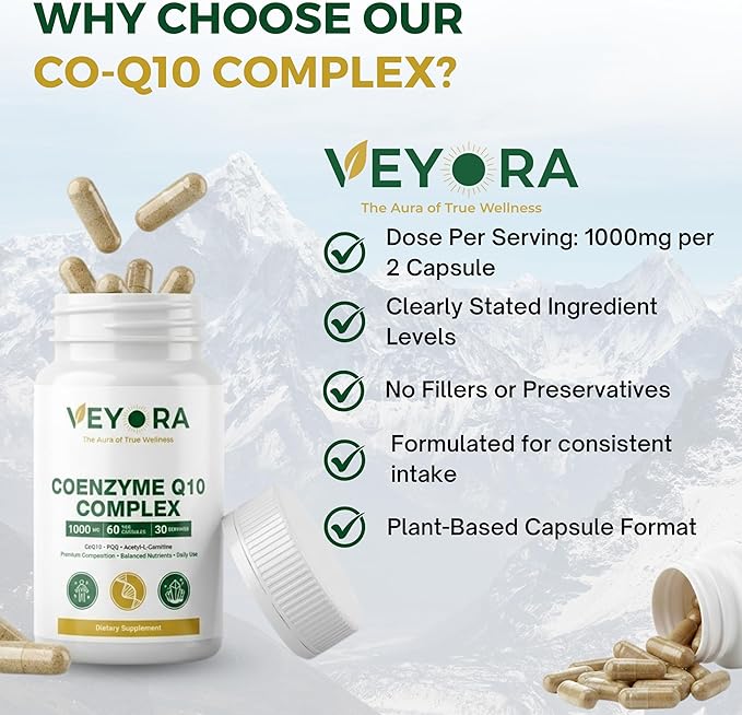 Coenzyme Q10 Complex 60 Veg Capsules Premium CoQ10 + PQQ + ALC + Resveratrol &amp Shilajit Balanced Nutrient Blend for Daily Use