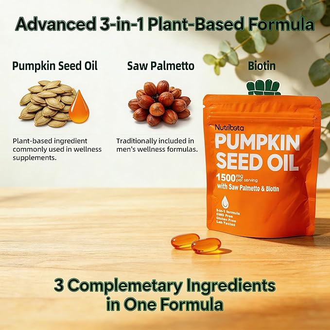 Pumpkin Seed Oil Supplement 1500 mg per Serving with Saw Palmetto &amp Biotin Advanced 3-in-1 Plant-Based Men’s Wellness &amp Hair Nutrition Formula Non-GMO Gluten Free Lab Tested Softgels