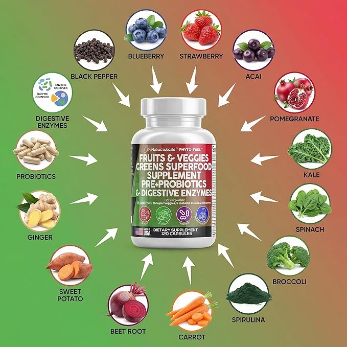 Clean Nutraceuticals Fruits and Veggies Supplement Reds &amp Green Superfood - Balance of Over 70 Fruit &amp Vegetable Supplements Capsules with Probiotics Prebiotics Digestive Enzymes - 120 Ct USA