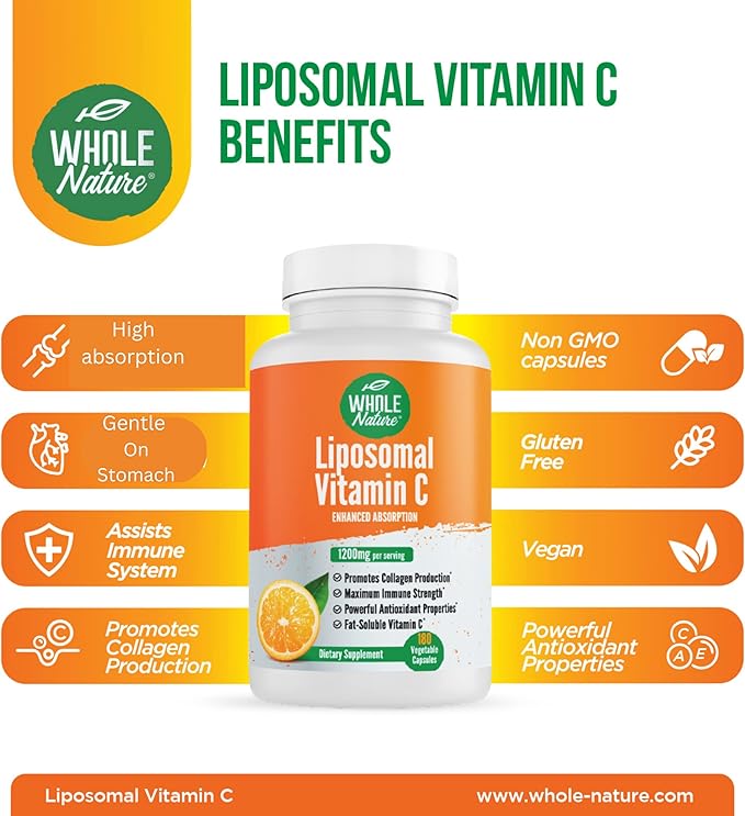 Liposomal Vitamin C Supplement Pills 1200 mg - High Absorption 180 Vegan Capsules Fat Soluble Vit C Maximum Strength Immunity Support &amp Collagen Booster Sunflower Lecithin  lypo spheric (2)