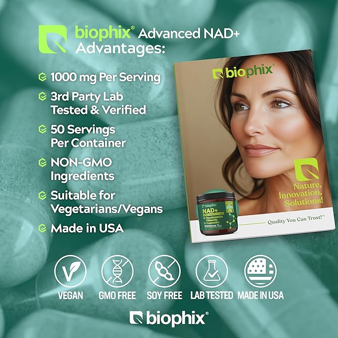 biophix NAD+ Liposomal Supplement for Women &amp Men - 1000 mg per Serving - Nicotinamide Riboside Micronized Resveratrol &amp Quercetin Complex - 100 Veg Capsules - Non-GMO Gluten-Free cGMP Cert