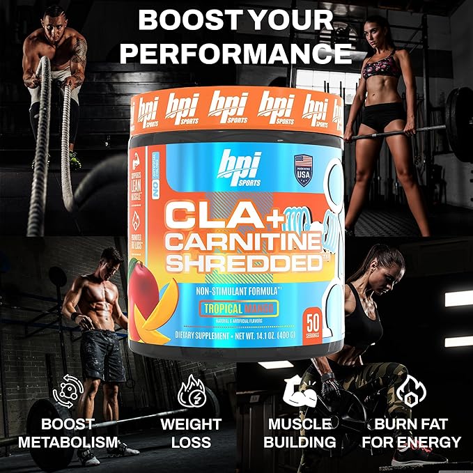 BPI Sports CLA + Carnitine Shredded - Convert Fat Cells Into Energy and Supports Lean Muscle Boost Metabolism - Non-Stimulant L-Carnitine Supplement - Tropical Mango (14.1 oz. / 50 Servings)