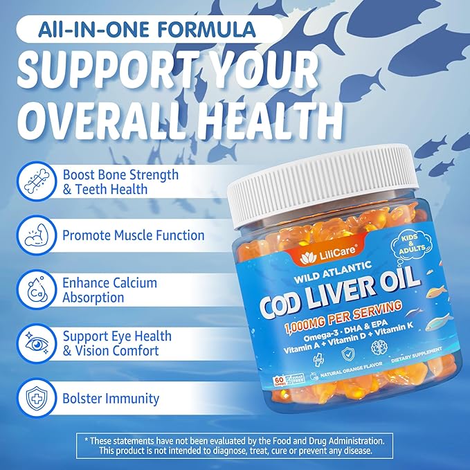 Cod Liver Oil Gummies 1000mg for Kids &amp Adults - w/Omega 3 (EPA &amp DHA) Vitamins A D3 &amp K2 - Cod Liver Oil Omega 3 Gummies for Immune Brain &amp Cognitive Support SugarFree Orange Fla