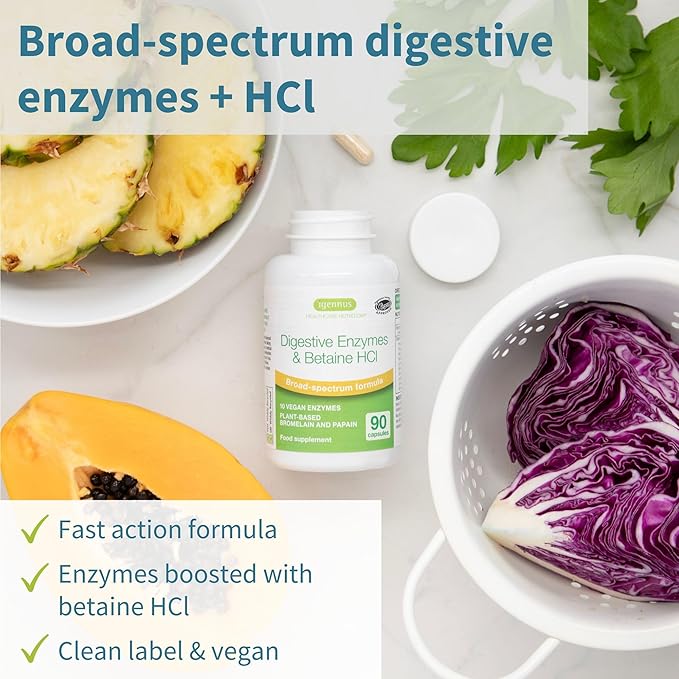 Igennus Fast Action Digestive Enzymes &amp Betaine HCl 10 Broad Spectrum Enzymes with Protease Lipase &amp Lactase Papain &amp Bromelain Plant-Based Vegan Clean Label for Women and Men 90 Ca