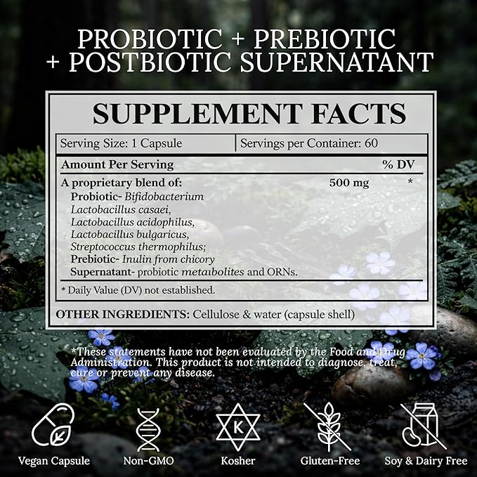 Supernatant Synbiotic - Prebiotic Probiotic Postbiotic - Eases Digestive Discomfort Gut Imbalance &amp Yeast Overgrowth - Immune &amp Microbiome Support for Men and Women - 60 Capsules