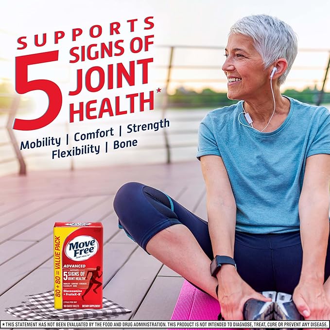 Move Free Advanced Glucosamine Chondroitin + Calcium Fructoborate Joint Support Supplement Supports Mobility Comfort Strength Flexibility &amp Bone - 160 Tablets (80 servings)*