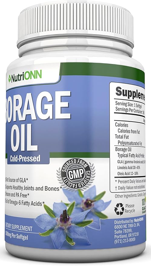 Borage Oil - 1000 mg - 180 Softgels - Cold Pressed High GLA Borage Seed Oil - Hexane and PA Free - Great for Skin Hair and Bones.