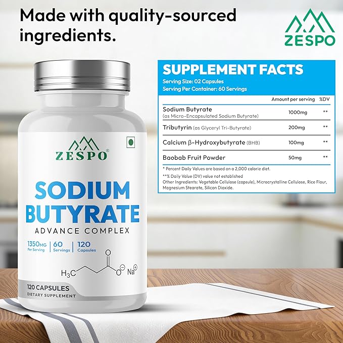 Sodium Butyrate 1000 mg (1350 mg Advanced Complex) – Micro-Encapsulated Butyrate with Tributyrin Calcium BHB &amp Baobab 120 Vegan Capsules (60 Servings)