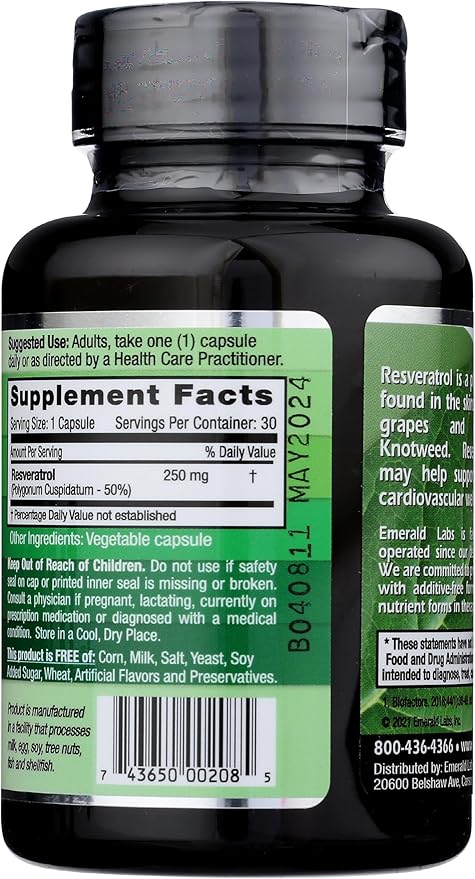 Emerald Labs Resveratrol - Dietary Supplement with Resveratrol for Cellular and Cardiovascular Support - 30 Vegetable Capsules