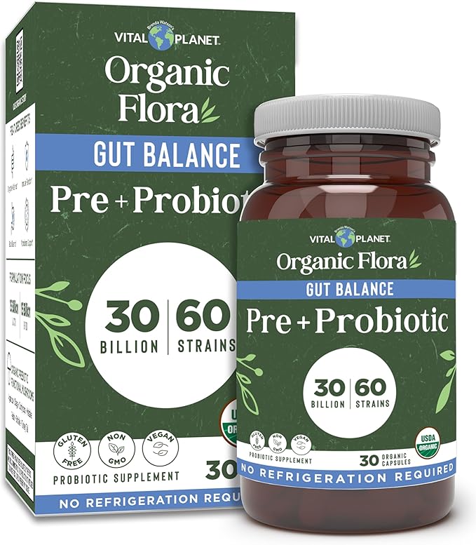 Vital Planet - Organic Flora Probiotics for Gut Health Balance Shelf Stable Probiotic 30 Billion CFU 60 Diverse Strains Prebiotic Organic Mushroom Blend for Immune and Digestive Support 30 Capsules