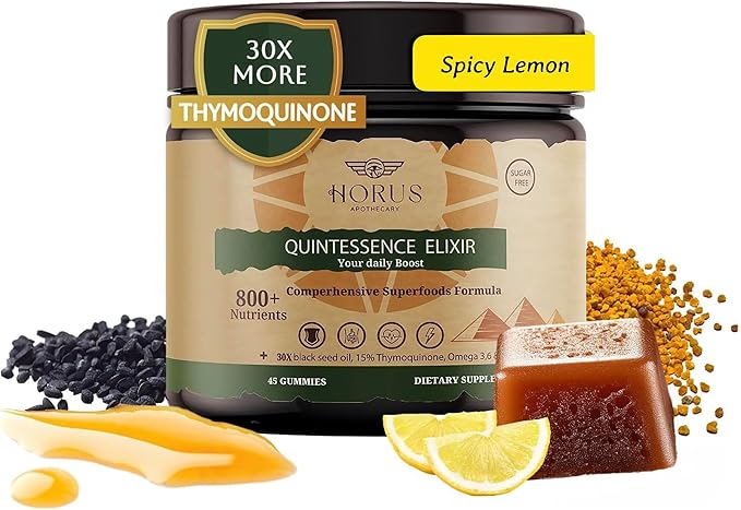 Horus Quintessence Elixir Black Seed Oil Gummies – Cold-Pressed Bee Pollen Date Palm Extract – Immune &amp Vitality Support – Sugar-Free – Made in USA – 45 Count