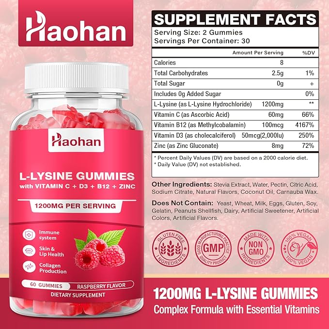 Haohan L-Lysine 1200mg Gummies for Immune Support &amp Skin Health - High Potency Vegan Gummies Sugar-Free Raspberry Flavor for Adults &amp Kids - 120 Count