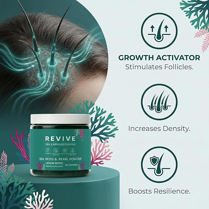 Balmbare Revive Gummies for Hair Loss - Sea Moss Gummies with Vitamin C Vitamin E Aloe Vera Pearl Powder Supports Faster Hair Growth Stronger Nails Healthy Skin Extra Strength - 60 Count