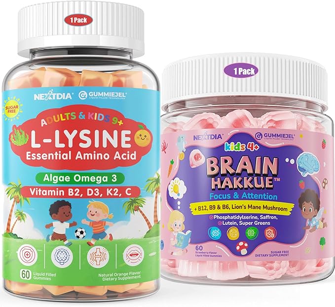 Nextdia L-Lysine 500/1000mg Filled Gummies Support Immune+Kids Brain Booster Supplement for Focus &amp Attention