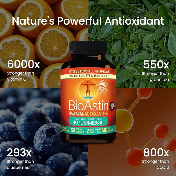 Nutrex Hawaii BioAstin Hawaiian Astaxanthin - 12mg 60 Gummies - Farm-Direct Premium Antioxidant Supplement to Support Eye Skin Joint &amp Immune System Health - Non-GMO &amp Gluten-Free