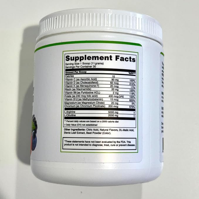L-Arginine 5000mg + L-Citrulline 2000mg Complex Powder Supplement - Nitric Oxide Booster - Heart Health Blood Flow Energy &amp Endurance - 30 Servings (Berry Blend)