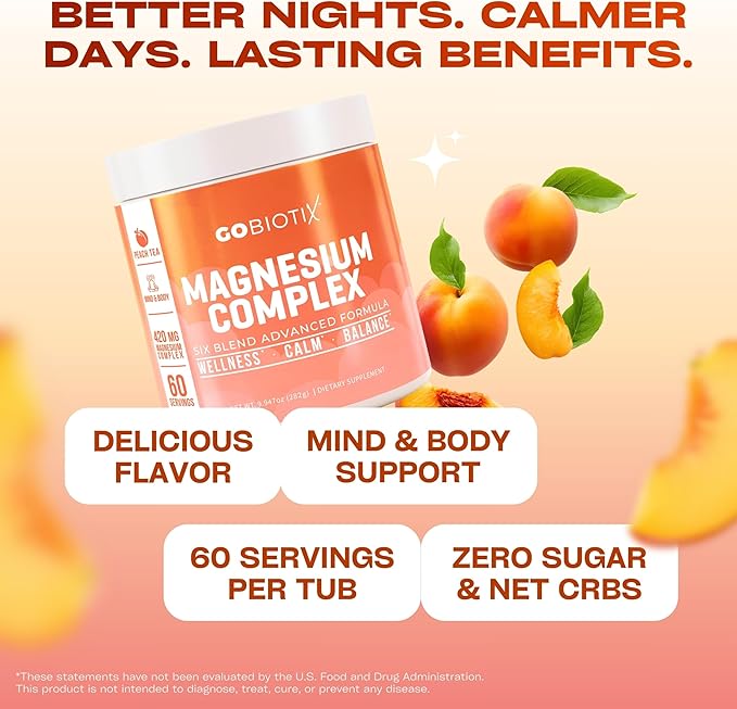 GoBiotix Magnesium Glycinate Powder – Cortisol Supplements for Women and Men – High Absorption Magnesium Complex Calm Supplement with Citrate Malate – Sugar Free – 420 mg 60 Servings - Peach Tea