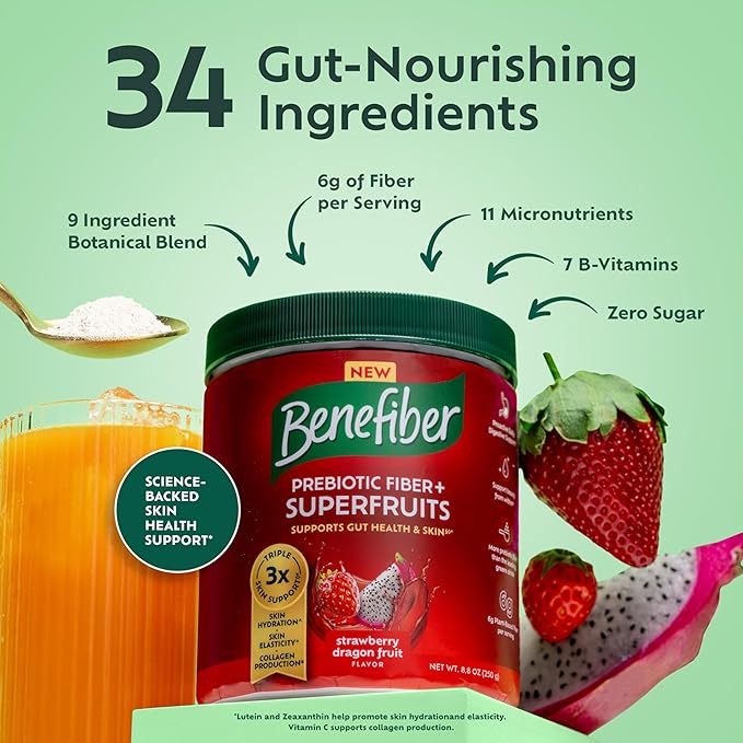 Benefiber Prebiotic GLP-1 Friendly Fiber + Superfruits Dietary Supplement Strawberry Dragon Fruit Flavor 8.8 oz (250g)