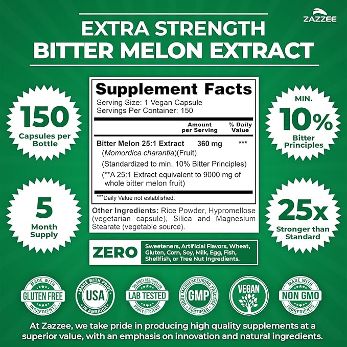 Zazzee Extra Strength Bitter Melon 25:1 Extract 10% Bitter Principles 150 Vegan Capsules 5 Month Supply Momordica Charantia Antioxidant &amp Metabolic Support Non-GMO Made in the USA